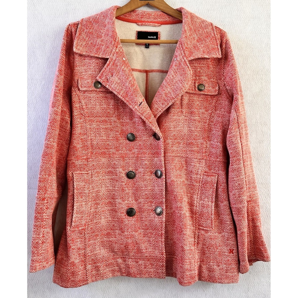 Hurley Pea Coat Herringbone Jacket Women's Sz L Red Pockets